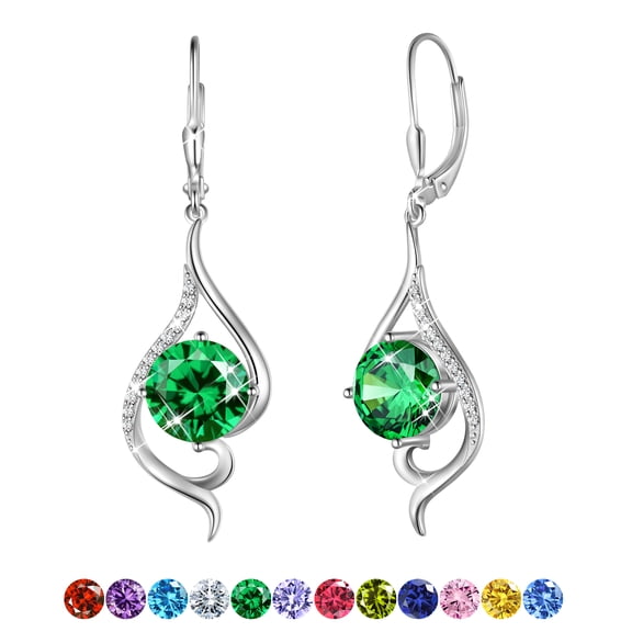 Juwaliy Women Dangle Earrings May Birthstone Earring Emerald Green 925 Sterling Silver Leverback Hanging Tail Jewelry Christmas Mother's Day Gift for Her/Mom/Grandma/Wife