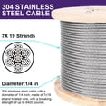 thumbnail image 5 of Tootaci 300ft 1/4" 304 Stainless Steel Wire Rope, 7x19 Strands 6400lbs Heavy Duty Aircraft Cable for Zipline, Deck Railing, Outdoor Projects, 5 of 7