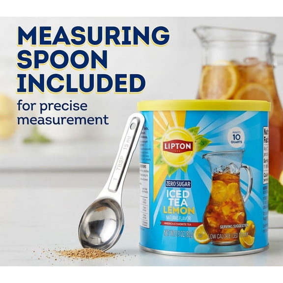 Lipton Zero Sugar Lemon Iced Tea Mix, Sugar-Free Powder Drink Mix with Caffeine, makes 10 Quarts, 15 ml Measuring Spoon Included
