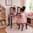 thumbnail image 6 of Teamson Kids Gisele Wooden Play Vanity Set with Tri-Fold Mirror, Storage Drawer, Matching Stool and Kids Makeup Table for Ages 3+, Pink & Black, 6 of 10
