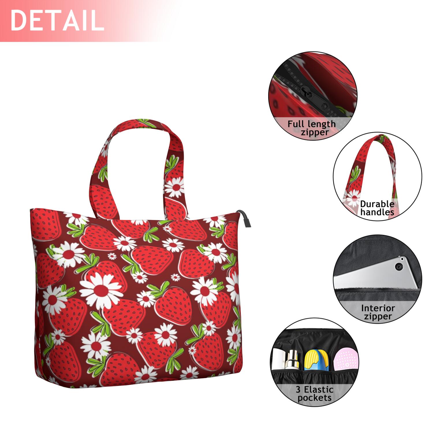 Red Strawberry Plants Fruit Flower Travel Tote Bags for Women Carry On,Large Weekender Bags for Women Travel,Multi Functional Duffle Bag for Work,Shopping,Sports