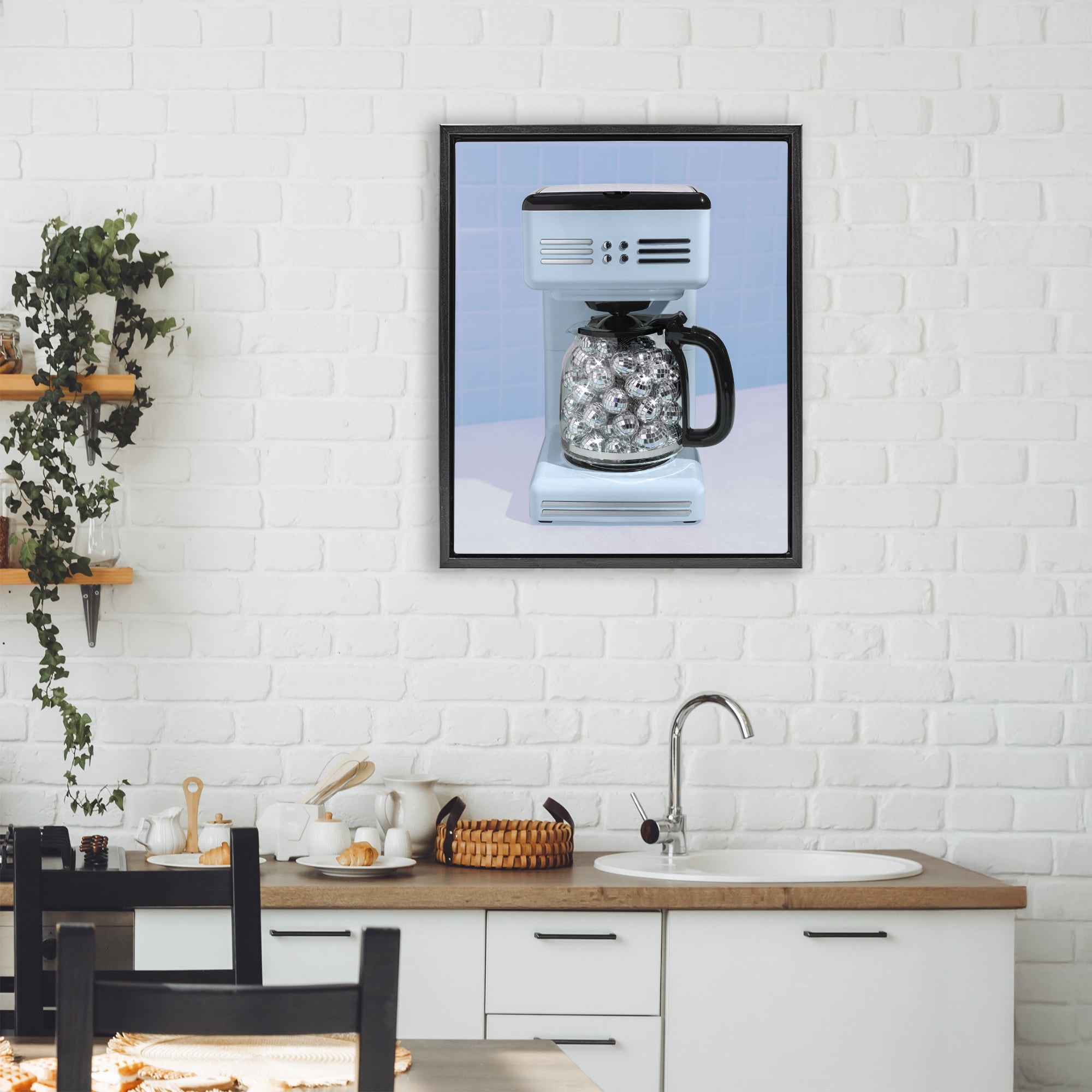 Stupell Industries Disco Coffee Maker over Blue Black Framed Floater Canvas Wall Art, design by LISH Creative