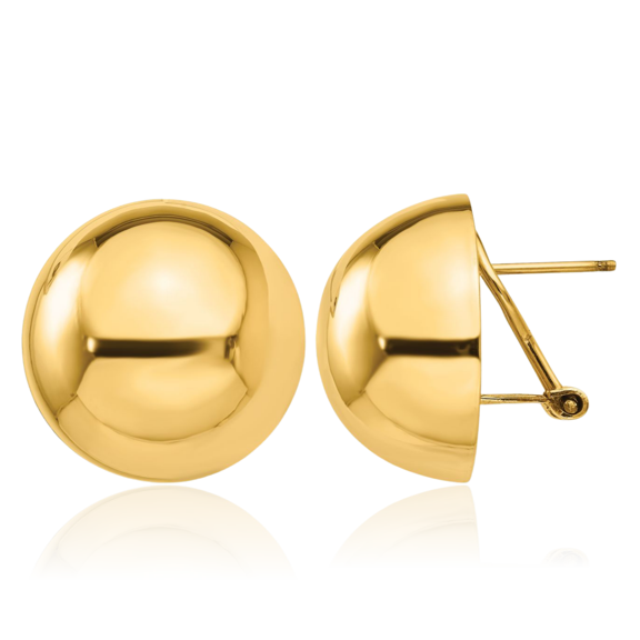 14K Solid Yellow Gold Half Ball Omega Clip Back Post Stud Earrings