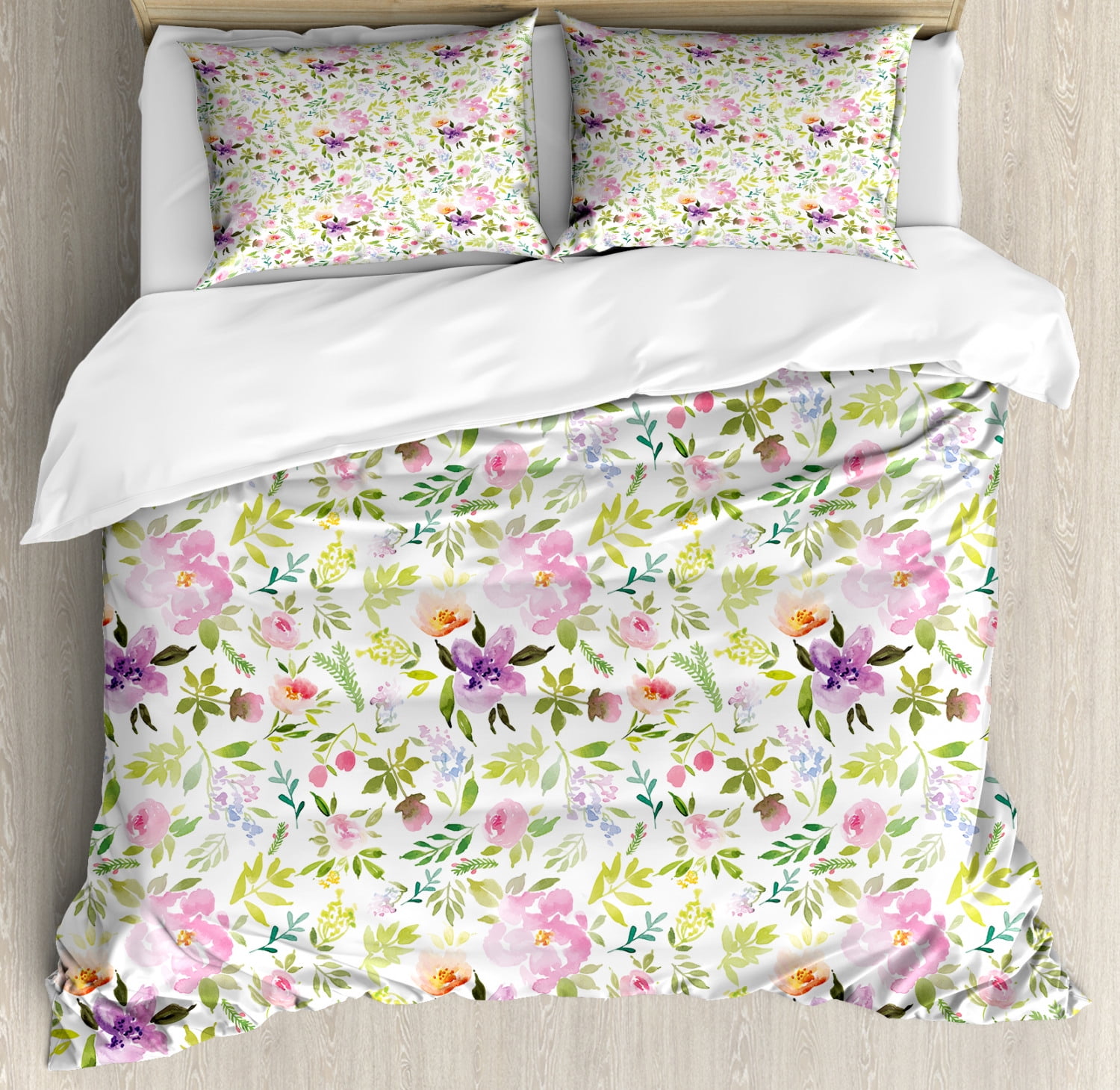 Watercolor Duvet Cover Set, Various Flowers Flourishing Spring Meadow