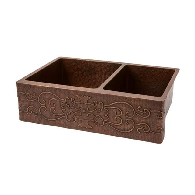 33'' Hammered Copper Kitchen Apron 60/40 Double Basin Sink with Scroll Design