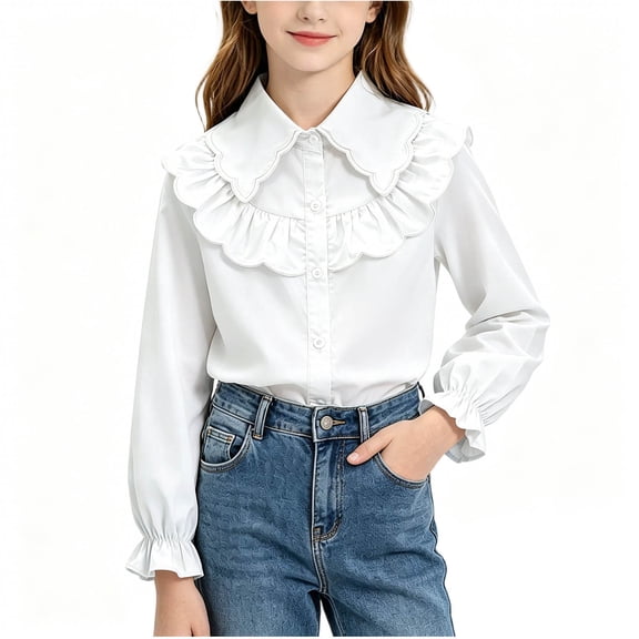 zbxnLI Girl's Long Sleeve Blouses Cotton Collared Ruffle Casual Shirts Cute Fashion Uniform Tops for Kids 5-15 Years