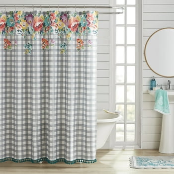 The Pioneer Woman Multi-color Plaid Floral Cotton Polyester Shower Curtain, 72 in x 72 in