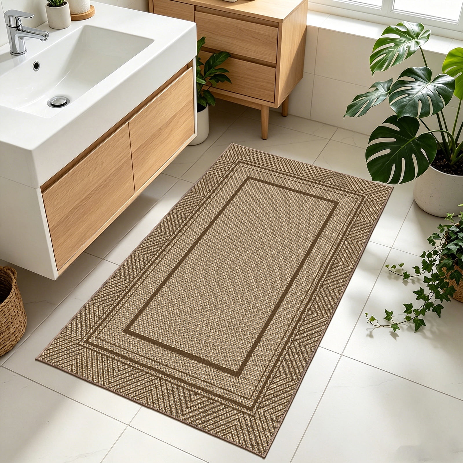 ORGOWEL Easy Jute Door Mat 3*5ft Washable Geometry Line Doormat Non-Slip Absorbent Indoor Outdoor Mat Stain Resistant Low Profile Floor Mat for Entryway Bedroom Patio,Brown