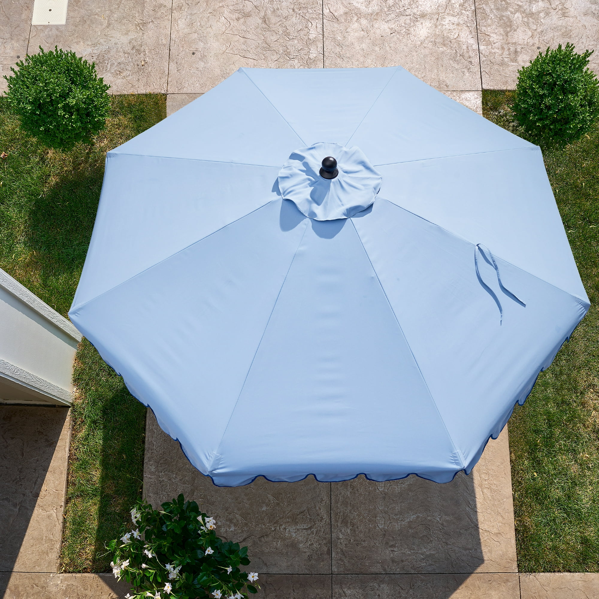 Better Homes & Gardens Premium 9' Blue Scallop Round Market Patio Umbrella, Crank Lift, 3-Angle Tilt