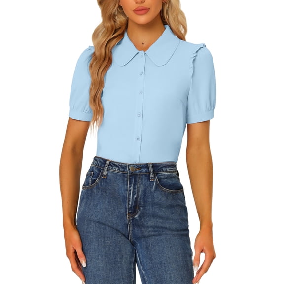 INSPIRE CHIC Women's Collared Top Peter Pan Collar Short Sleeve Button Front Shirts XS Light Blue