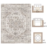 SIXHOME 9x12 Washable Area Rug for Living Room Vintage Medallion Distressed Carpet Soft Low Pile Large Rug for Bedroom Dining Room Office Retro Indoor Home Decor Taupe