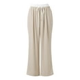 thumbnail image 4 of YFELWZ Womens Plus Size Color Contrast Draw Rope Casual Wide Leg Pocket Straight Leg Loose Wide Leg Pants Beige L, 4 of 7