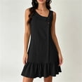 thumbnail image 2 of Women's Sleeveless Ruffle Hem Mini Dress Ribbed Textured Shift Dress Asymmetrical Neck Summer Beach Sundress Street Casual Outfit Black, 2 of 6