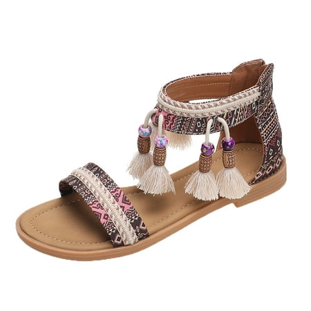 

GWAABD Slide Sandal Women Sandals Fashion New Pattern Vintage Tassels Roman Open Toe Sandals Back Zipper Square Heel Comfortable Sandals