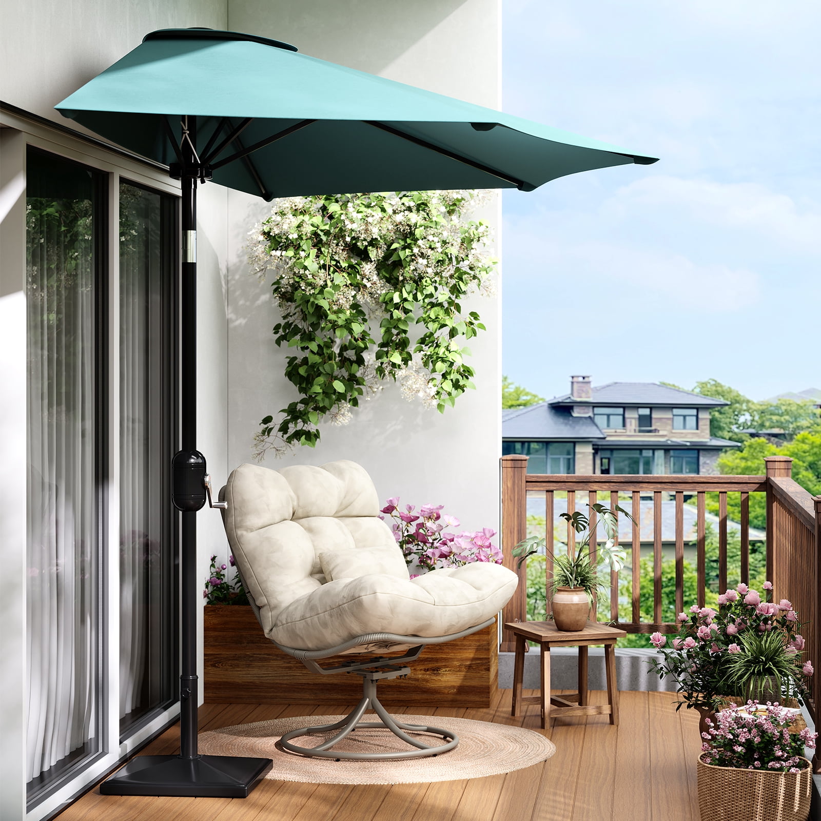 Half Patio Umbrella 9FT – Outdoor Shade Canopy with Smooth Crank Lift, UV Protection, Ideal for Balcony, Deck, Garden, Patio, or Backyard – Turquoise