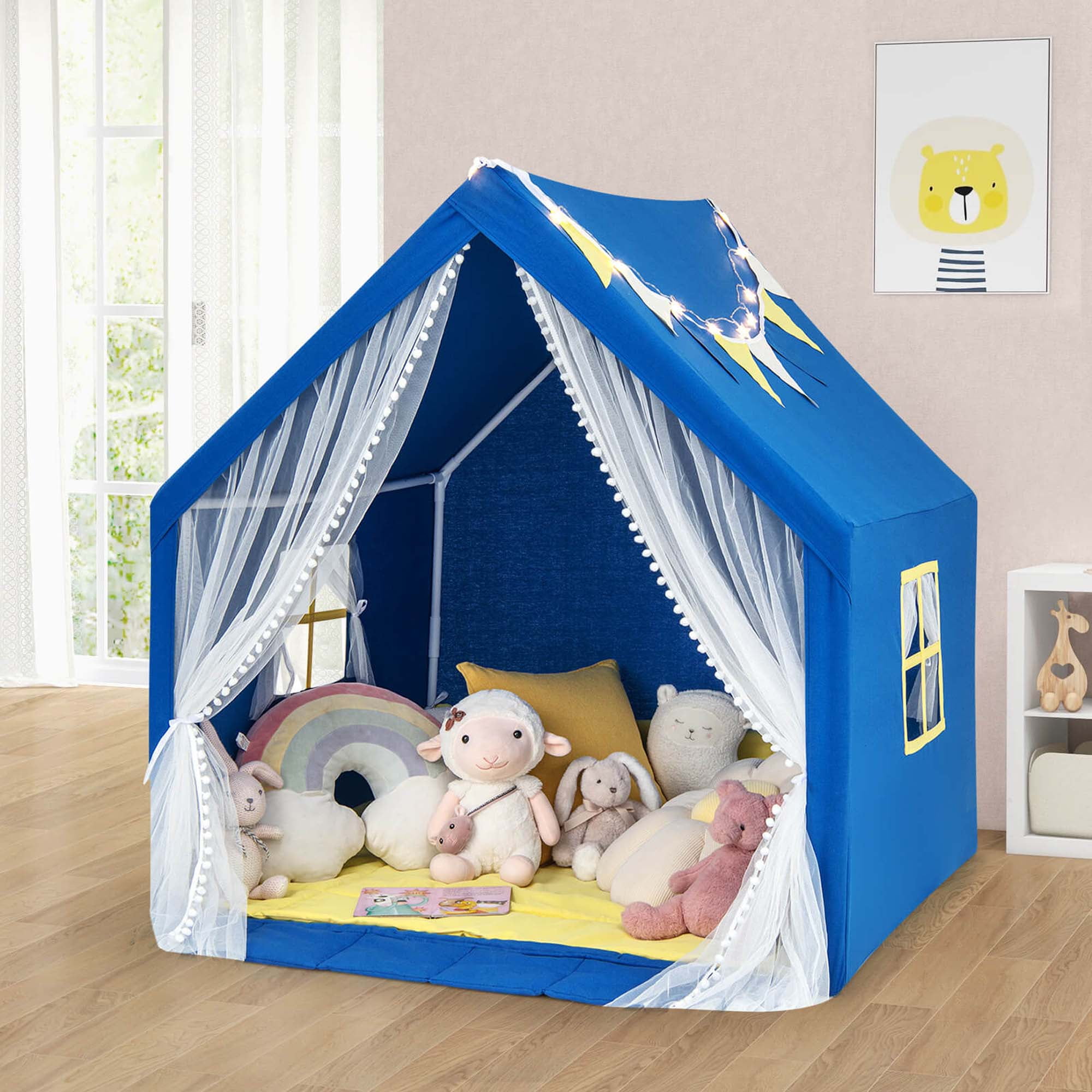 Costway Large Indoor Play Tent for Kids Toddlers Baby Playhouse with Washable Cotton Mat Star Lights Walmart