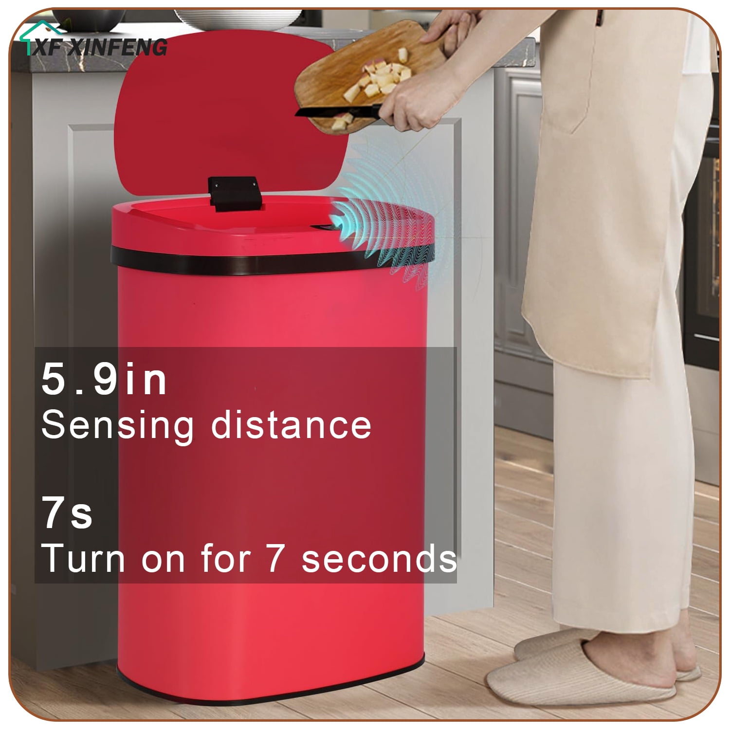 XF XINFENG 13 Gallon Kitchen Trash Can with Lid Stainless Steel Automatic Garbage Can for Bathroom Bedroom Home Office,Red