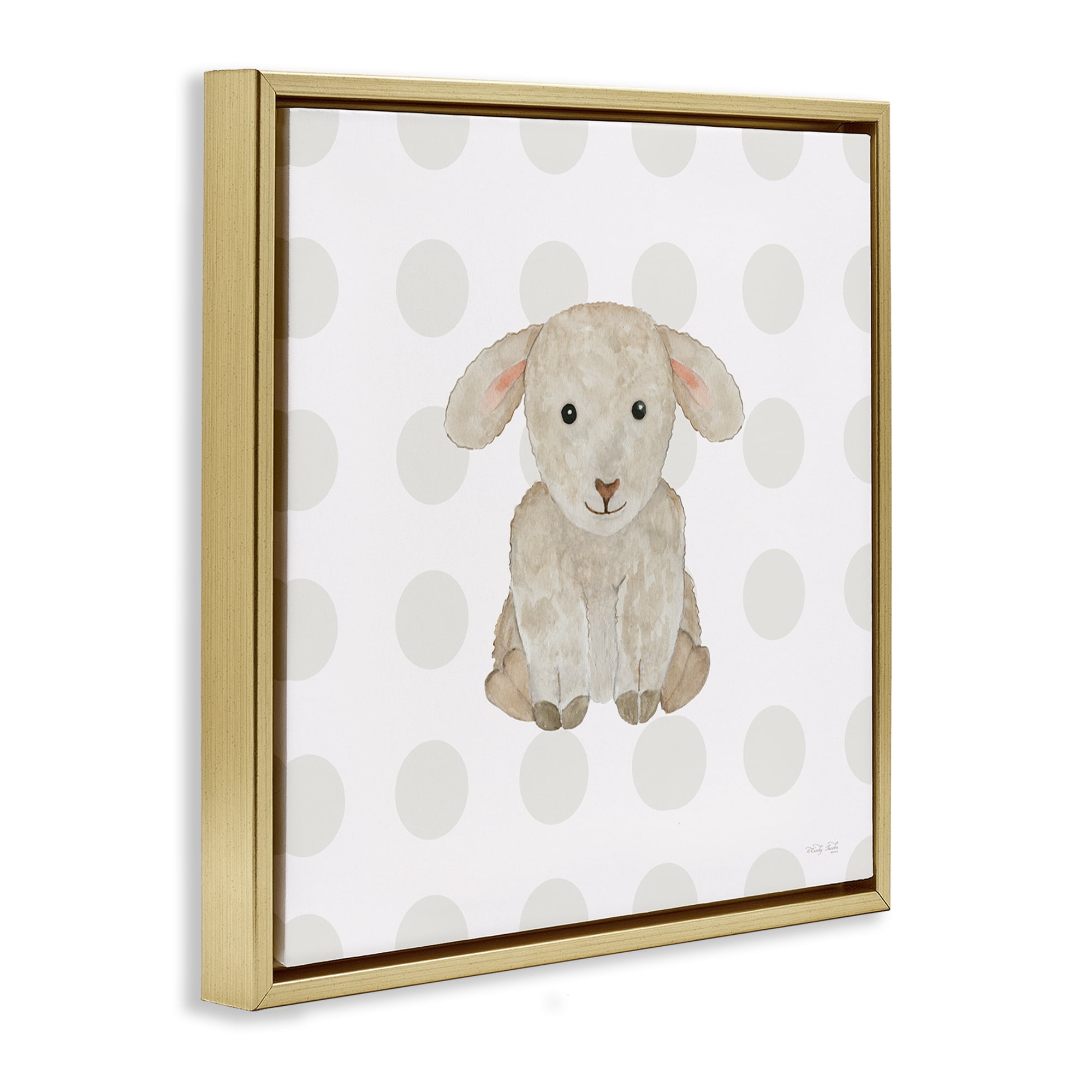Stupell Industries Nursery Lamb on Dots Animals Painting Gold Floater Framed Canvas Art Print Wall Art, 18 x 18
