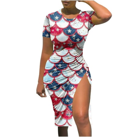 

Hvyesh Women s Sundresses 2023 Summer Party Bodycon Dress Red White and Blue Graphic Round Neck Side Split Dresses Short Sleeve Trendy Flowy Dress Gray