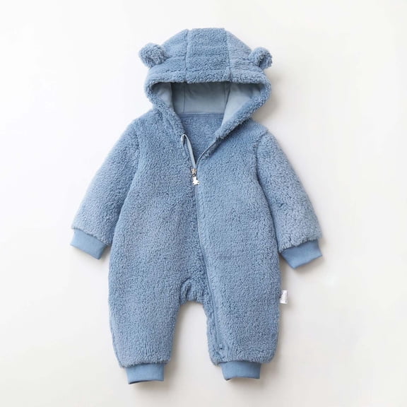 Soft Warm Kids Girl Blue Plush Romper - Bear Ear Hooded Full Zip Onesie for 0-12 Months, Skin-Friendly Winter Fall Outfit,Size 9 Months
