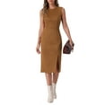 thumbnail image 2 of INSPIRE CHIC Women's Faux Suede Dress Sleeveless Crewneck Split Hem Sheath Work Dress L Brown, 2 of 5