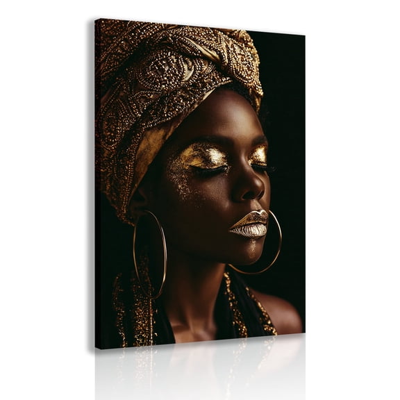 Framed Canvas Wall Art: Black Woman Adorned with Gold Jewelry and Makeup | African Woman Portrait Poster | African-American Ethnic-Style Home Decor