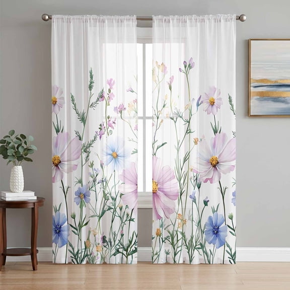 Pink Blue Spring Floral Semi Sheer Curtains 84 Inch Length 2 Panels Set, Watercolor Elegant Botanical Sheer Kitchen Curtain Privacy Voile Window Curtain for Living Room Bedroom Rod Pocket Drapes