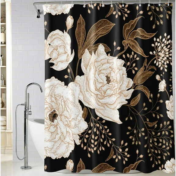 Black Gold Floral Shower Curtain, Waterproof Fabric Watercolor Black Flowers Bathroom Shower Curtain with 12 Hooks, 72 x 72 Inch