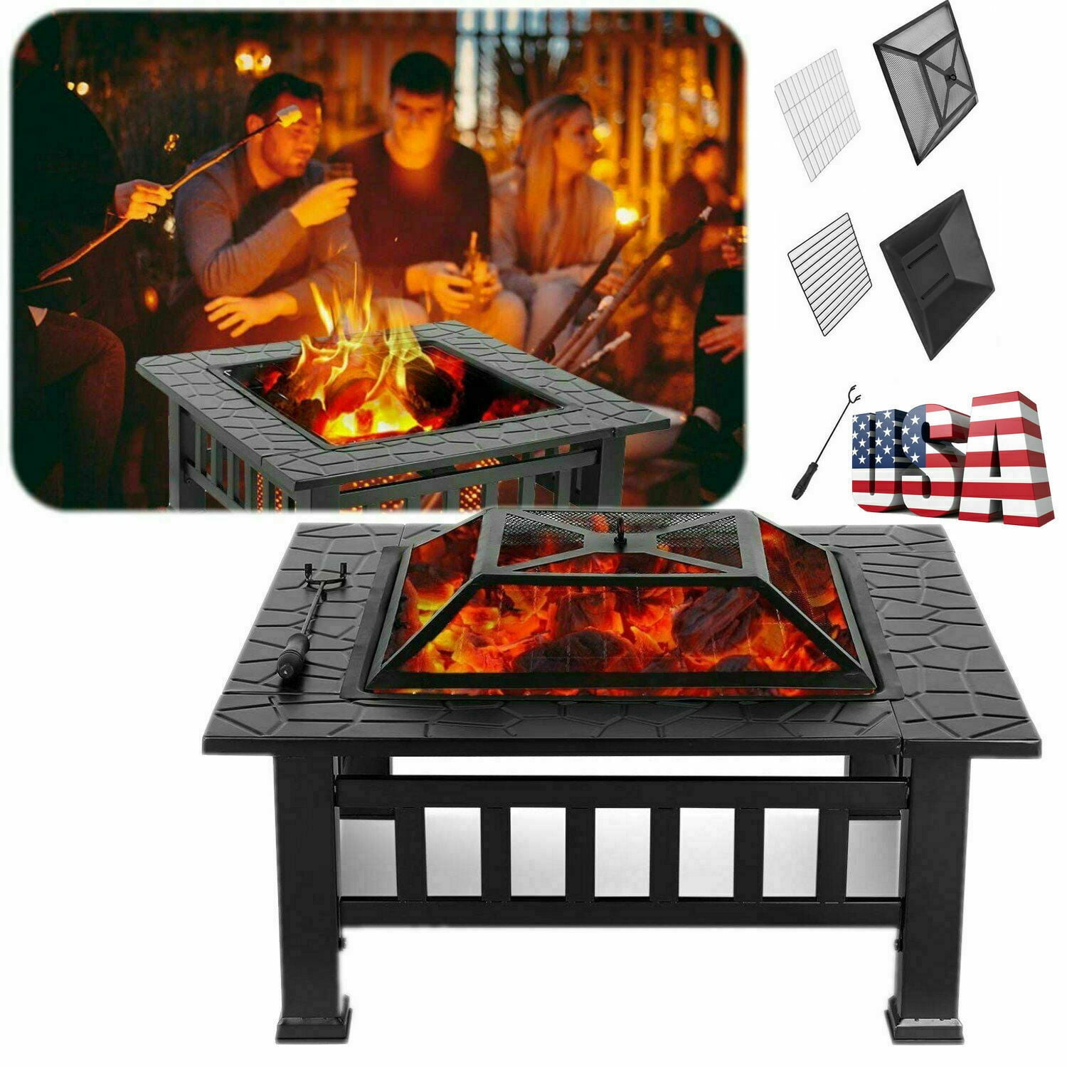 Poker 4 in 1 Square Bowl Wood Burning Fireplace Grill Spark Screen Dining Cover Log Grate 32 Fire Pit Table Outdoor Set Heater Stove/BBQ/Ice Pit Patio Garden Backyard Firepit Mesh Lid 