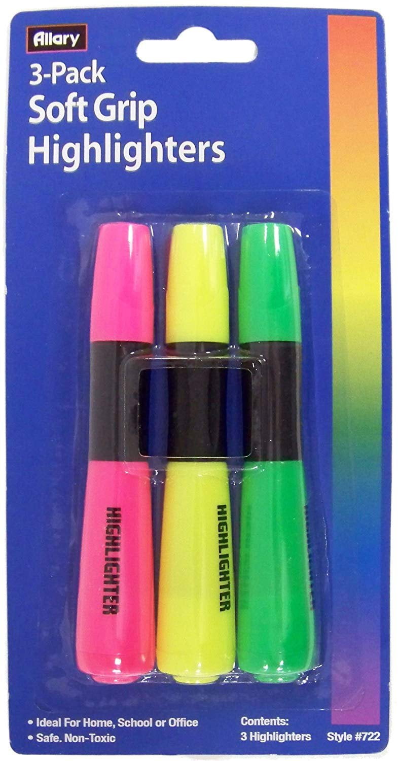 Allary 3 Pack Soft Grip Highlighters, Pink, Yellow, Green