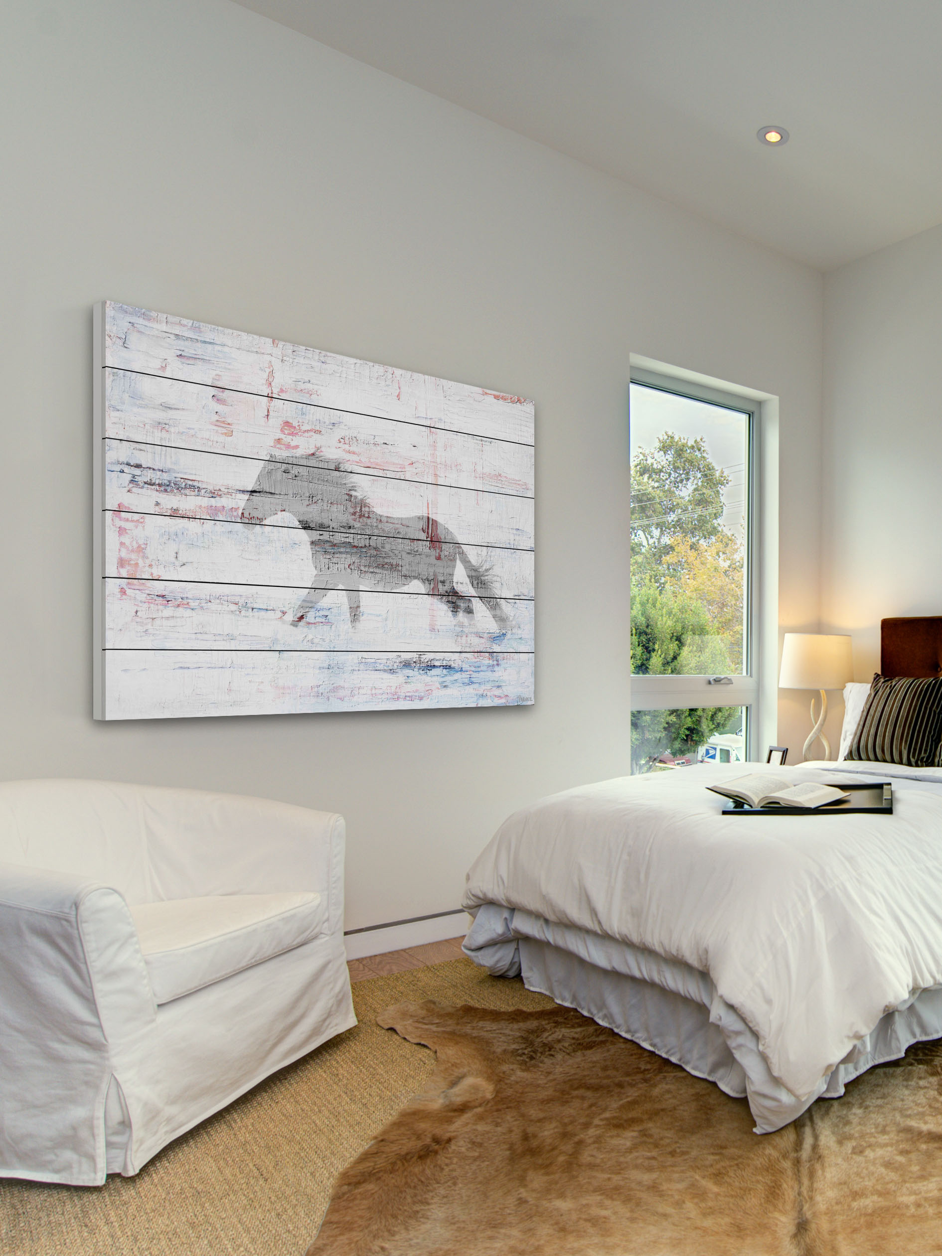 "Grey Horse Trot" Painting Print on White Wood