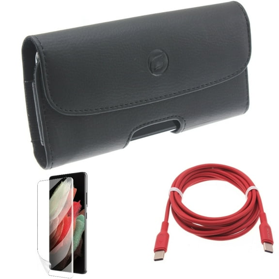 Matte Screen Protector & Case Belt Clip & Red 6ft Long Cable for Samsung Galaxy S22 Plus (S22 ) - Combo TPU Film Anti-Glare & Leather Holster Cover & USB-C to Type-C PD Fast Charger Cord