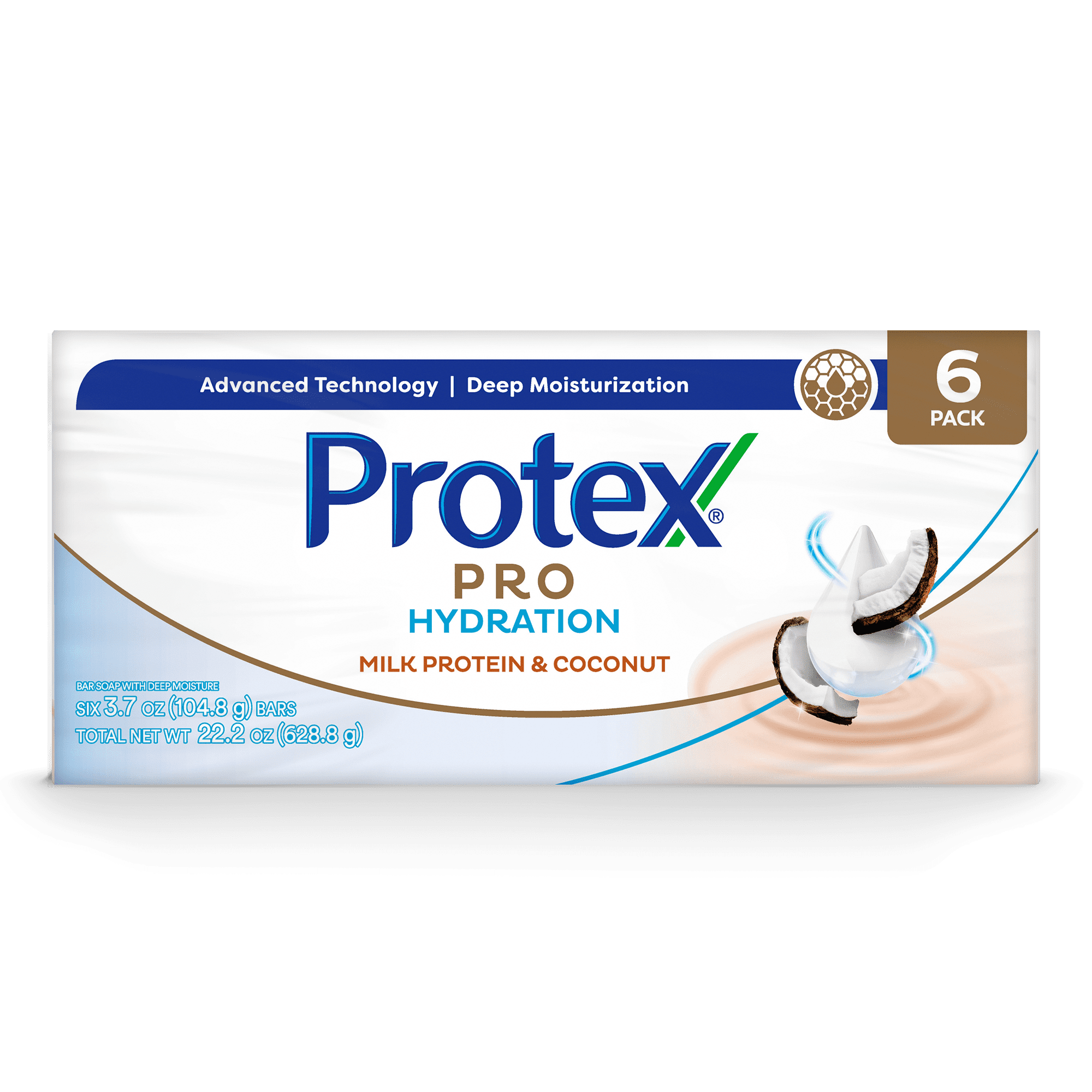 Protex Pro Hydration Bar Soap, Coconut, for Both Men and Women, Adults and & Children 3+, 6 Pack 3.7 oz