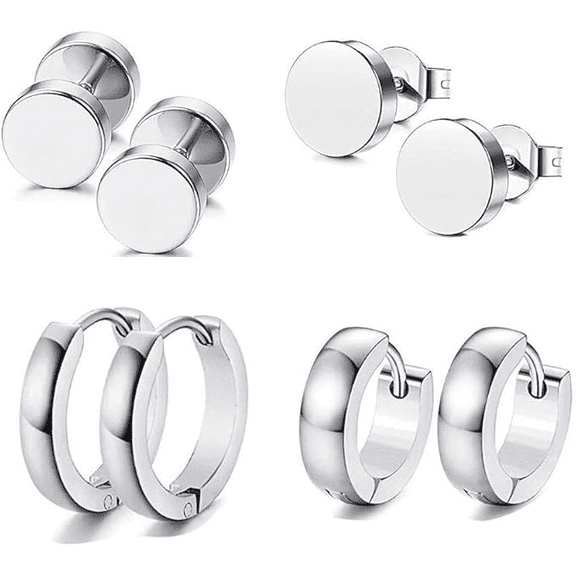 Vogem 8Pcs Hoop Studs Earring Sets Silver for Women Men Huggie Hoop Earrings and Round Disc Flat Back Cartilage Stud Earrings Helix Piercing Hypoallergenic