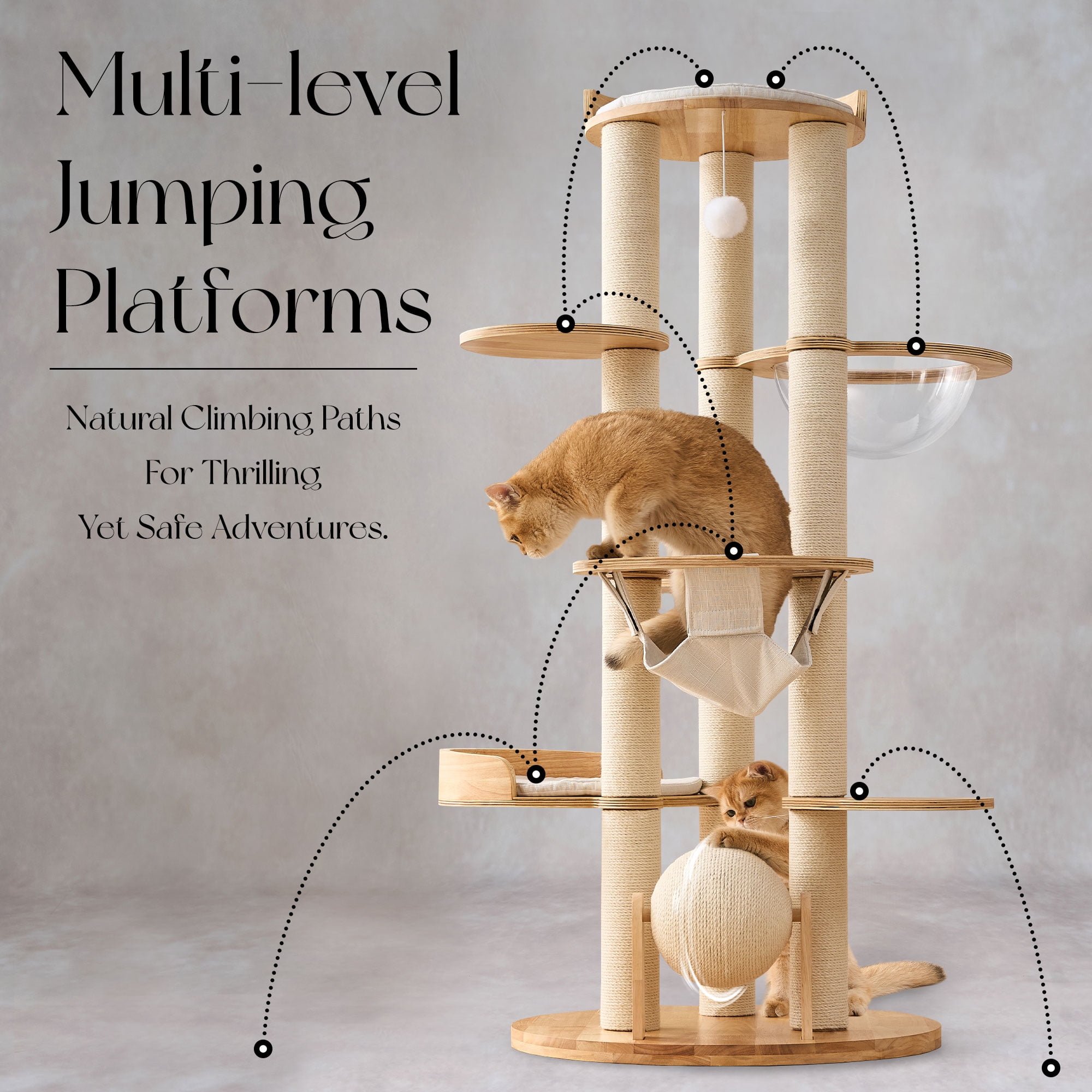 Modern Solid Wood Cat Tree Tower, 54" Tall Cat Tree with Sisal Scratching Posts, Capsule&Hammock, Luxury Natural Oak Wooden Cat Tower, Aesthetic Multi-Level Cat Climbing Tree for Large Indoor Cats