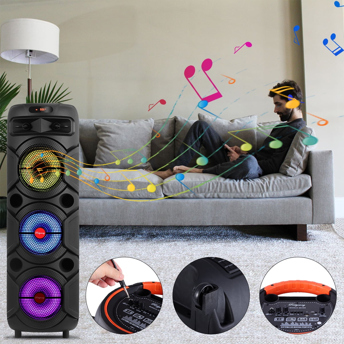 Portable Bluetooth Speaker Triple 8" Wireless Speaker w/ Mic Handle Sound Singing PA System AUX FM