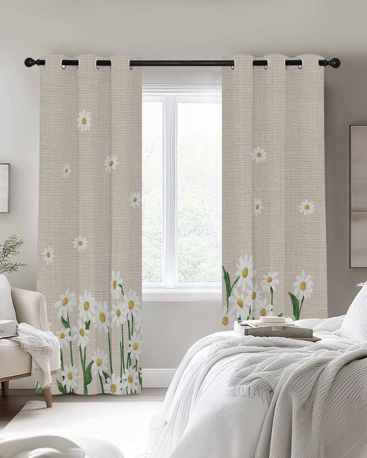 Spring Floral Blackout Curtains 54 Inches Long, White Daisy Farmhouse Linen Texture Thermal Insulated Black Out Curtains, Darkening Window Curtain Drapes for Bedroom Living Room 45"x54" 2 Panels