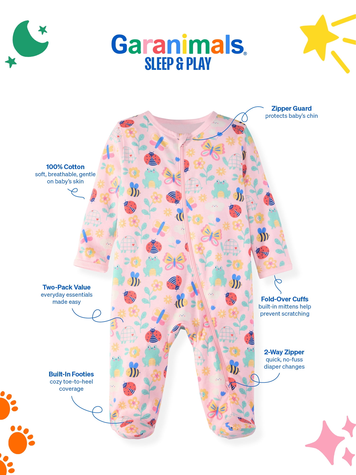 Garanimals Baby Girl Cotton Footed Sleep & Play Pajamas, Graphic Prints, 2-Pack, Sizes Newborn - 9M