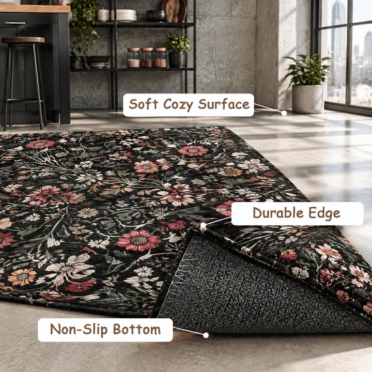 Flrugs 2x3 Spring Summer Boho Black Flowers Decorative Indoor Outdoor ...