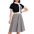 thumbnail image 2 of IWEMEK Women 50s Style Dresses Vintage Swing Dress Short Sleeve Tie Neck Midi Prom Dress with Belt Summer Fall A Line Tea Party Dress XL Black Stripe, 2 of 9