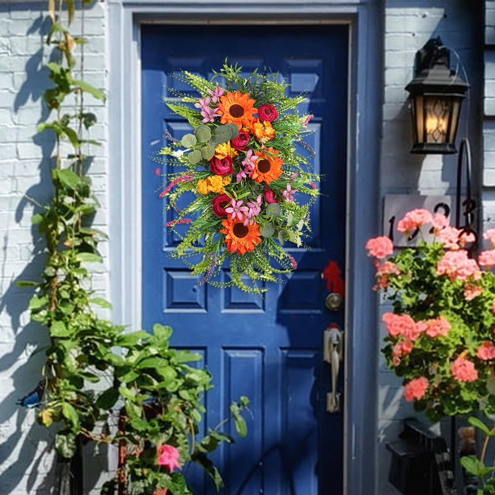Spring Summer Front Door Sunflower Floral Teardrop Wreath Artificial
