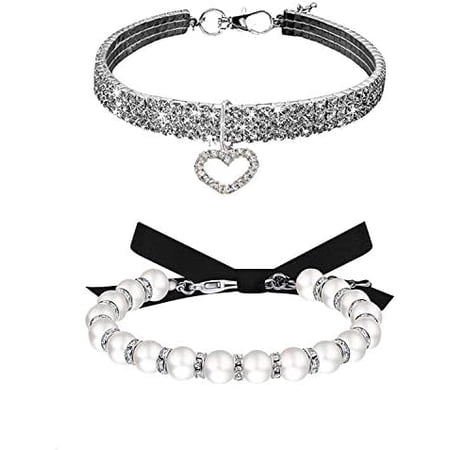 Rhinestones Dog Collar and Pearl Dog Necklace Set Adjustable Neck Strap Bling Full Diamond Crystal Cute Pearl Dog Collar for Small Girls Cats Puppy for Wedding Birthday Party (M-White)