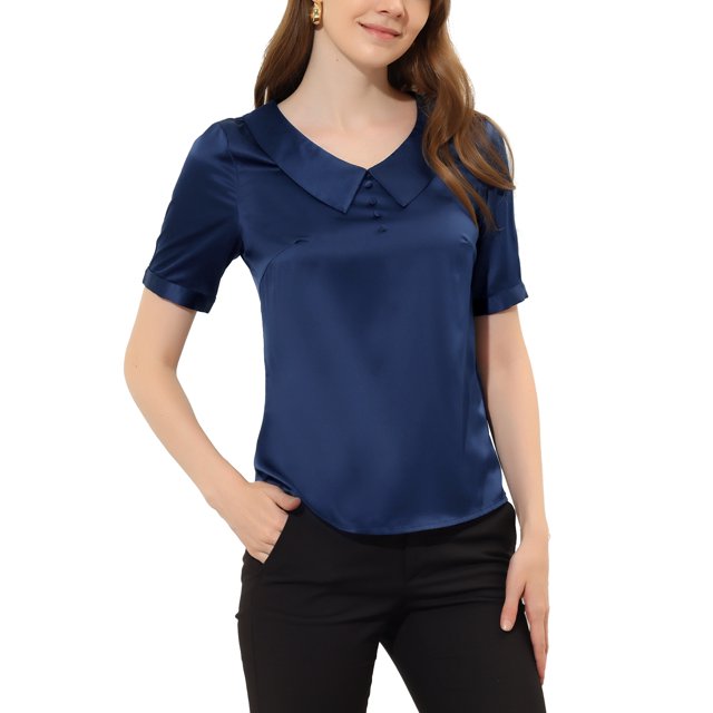 INSPIRE CHIC Blouse Satinée à Manches Courtes pour Femme, Col Pointu, Décorée de Boutons, S Bleu Foncé