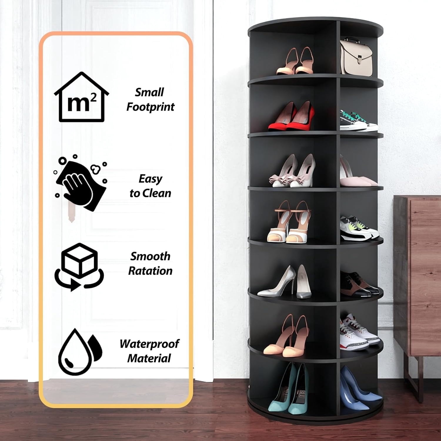 Freestanding 7 Tier Rotating Shoe Rack Tower Tall & Easy Assembly, Spinning Shoe Display Lazy Susan Space-Saving, Revolving 360 Shoe Rack Storage Round Carousel, Vertical Handbag Rotate Shoes Closet
