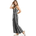 thumbnail image 2 of Mine Women's Juniors Stripe Wide-Leg Slinky Stripe V-Neck Jumpsuit (S, Black), 2 of 4