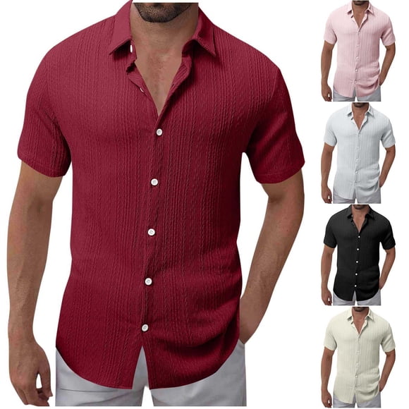 Txeol Holiday Sales Mens Short Sleeve Solid Color Casual Loose Knitted Shirt Regular Fit Button Down Collar Shirts Lightweight Breathable Tshirt,Beige,XXL