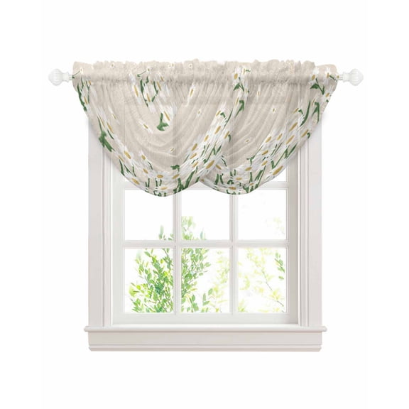 Waterfall Valances for Windows, Spring Floral Kitchen Sheer Valance Curtains, White Daisy Farmhouse Linen Texture Rod Pocket Elegant Swag Valances for Living Room Bedroom, 47.2"x38.5", 2 Panel