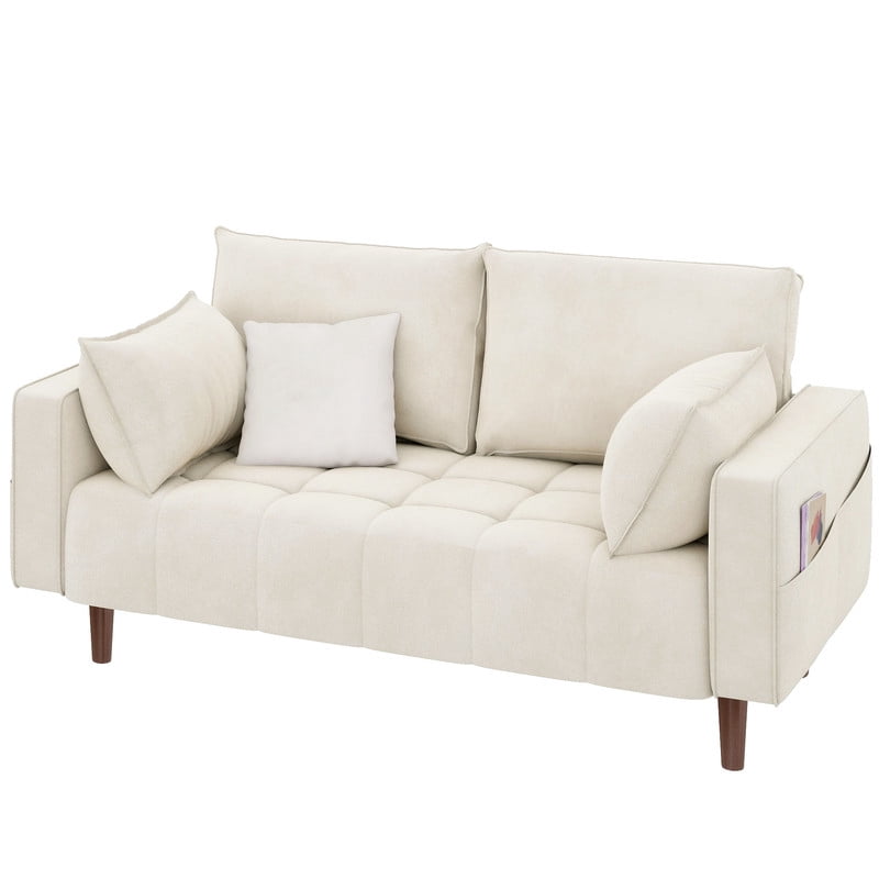 Uforic 56" Beige Velvet Loveseat With Solid Wood Legs, Mid-Century Modern Design