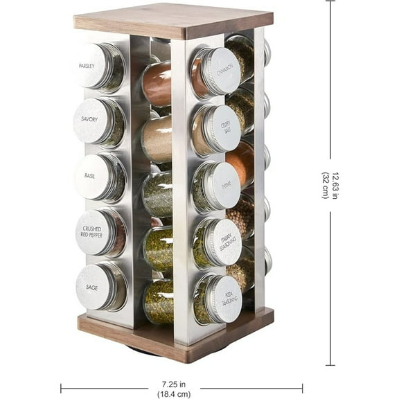 20 Jar Vintage Revolving Countertop Spice Rack Organizer with Spices Included, FREE Spice Refills for 5 Years, Wood and Stainless Steel with Metal Caps