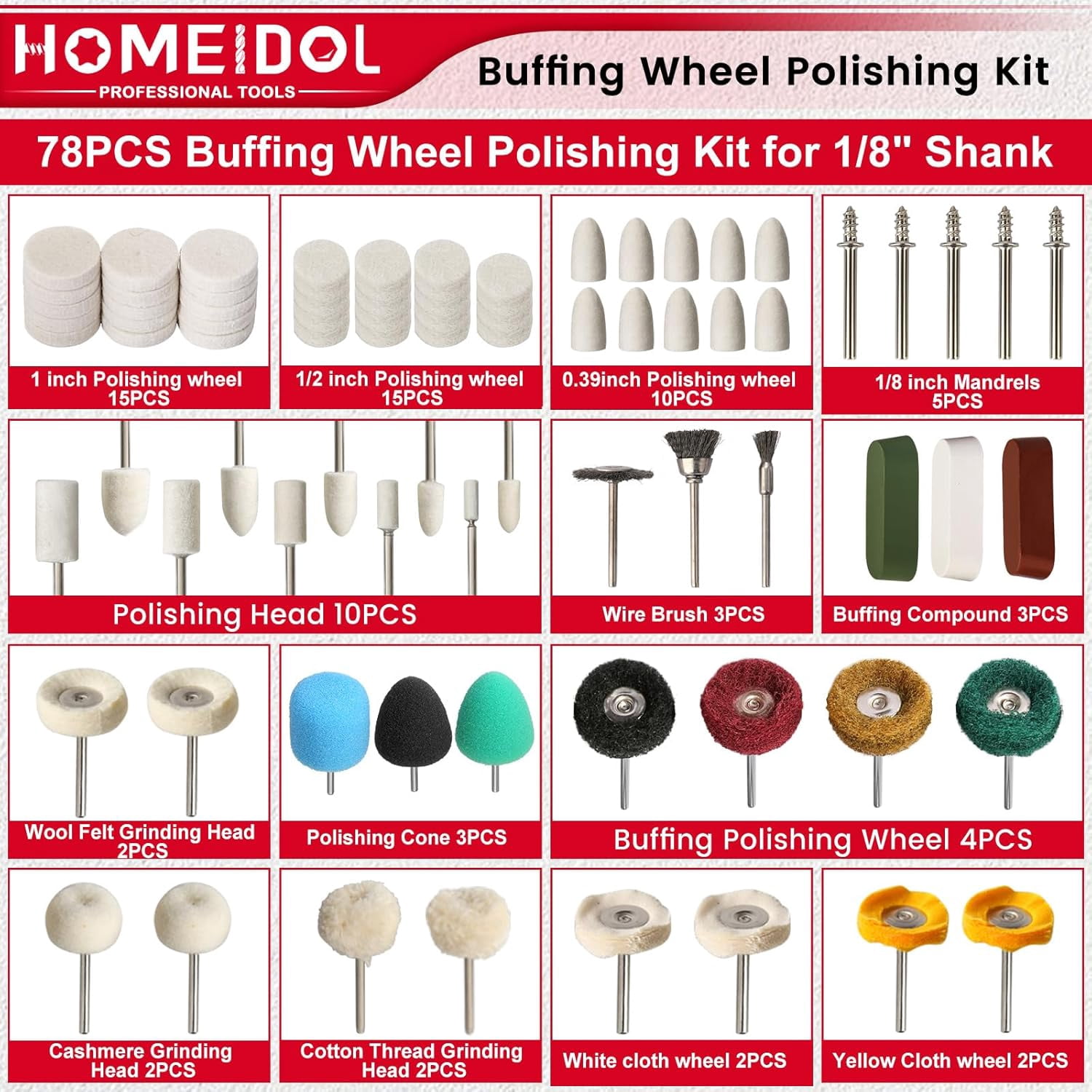 78PCS Buffing Wheel for Dremel Polishing Kit, 1/8" Shank Polishing Buffing Wheel for Dremel Tool Accessories with Buffing Compound, Abrasive Wheel Buffing Polishing Wire Brush Polishing Bits